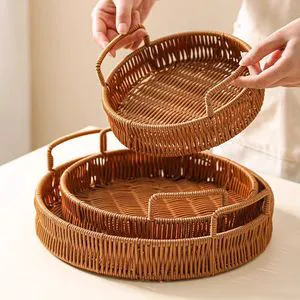 Wholesale Plastic Rattan Wicker Basket with Handles Home Kitchen Fruit and Vegetable Bread Storage Basket Food Safe