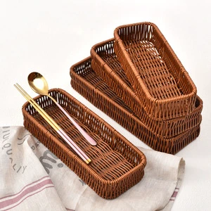 fake Wicker Rattan Storage Basket Handwoven Food Grade Organizer for Kitchen Vegetables Utensils Drainage collect Tray