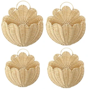 Wholesale Nordic Scalloped Rattan Woven Wall Mounted Hanging Basket Handmade Decorative Flower Pot Home Storage Organizer Bin