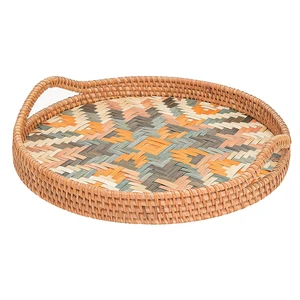 Eco-friendly Durable Rattan Serving Tray Handle Decorative Wicker Storage Baskets Viettime Craft for Breakfast Drinks Vietnam