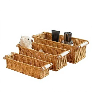 Handmade Rectangular Plastic Woven Waterproof Storage Basket Wooden Handles European Modern Decorative Shelf Organizer Bin for