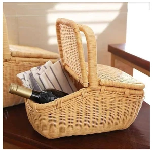 Vietnamese Natural Rattan Wicker Woven Bohemian Style Foldable Multifunction Picnic Basket Freshness Preservation Food Storage