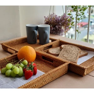Handmade Rattan Trays With Handles Handwoven Rectangular Multi-purpose Storage Baskets Natural Rattan Set Of 3 Different Sizes