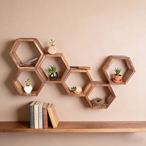 Durable Living Room Wall Storage Rack Bedroom Decoration Storage Rack Wooden Craft for Household Hexagon Wood Shelf Set