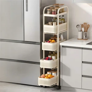 Multilayer Silent Slide Rail Storage Cart Cream White Tall Frame Storage Shelf for Kitchen Fruit Vegetable Spice Jar Organizer