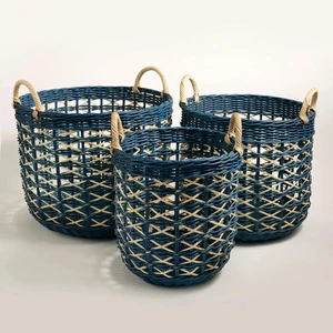 Coastal Style Rattan Basket Handmade Eco-Friendly Wicker Blue Storage Basket For Home Organization