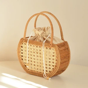 Handmade Country-style Cylindrical Wicker Basket Drawstring Closure for Storage Picnics; Hand-woven Rattan