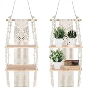 Single Tier Cotton Macrame Boho Wall Hanging Shelf Handmade Woven Rope Plant Display Storage Rack Bedroom Bathroom Birthday