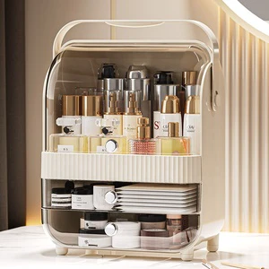 Chic Portable Makeup Organizer Top Handle Transparent Flip Cover Multi Drawer Dust Free Acrylic Beauty Case Daily Use Storage