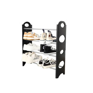 Black Plastic 4-Layer Shoe Rack Multi-purpose Metal Pole Shoe Organizer Stackable Space Saving Shoe Shelf
