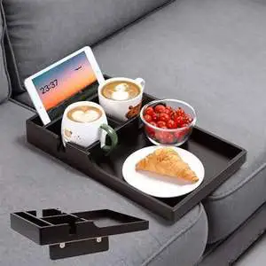Foldable Single Tier Lacquer Bamboo Armrest Tray for Beverages and Jewelry Living Room & Bathroom Use