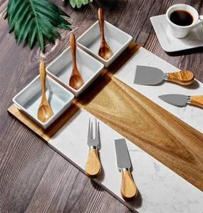 Factory Wholesale Acacia Wood And Marble Charcuterie Board Set Cheese Board Serving Platter Gift With Accessories