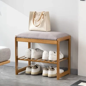 Eco-friendly Bamboo Modern Double Tier Multifunction Storage Shoe Rack Bench Seat Foldable Bolt Inserting Type Shoe Living Room