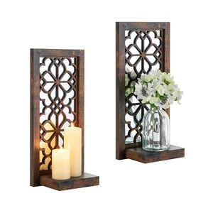 Modern Vintage Rustic Brown Wood Floating Wall Multifunctional Storage Shelves Vertical Design Sconces Living Room Fireplace