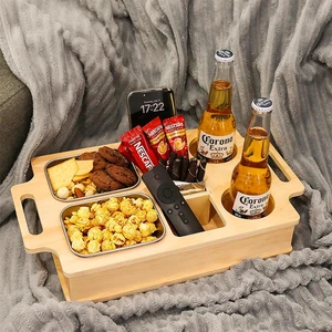 Wooden Couch Snack Caddy With 2 Stainless Steel Bowls All-in-One Sofa Cup Holder Tray With Side Handles Movie Night Organizer