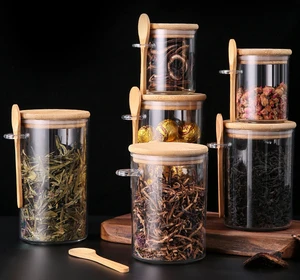Ideal Bamboo Transparent PET Pantry Canisters With Bamboo Spoon Plastic Airtight Food Storage Container With Silicone Seal