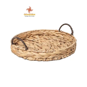 H&T 2025 OEM Water Hyacinth Tray Bread Flower Picnic Handmade Woven Custom Straw Wicker Rattan Storage Basket