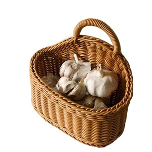 Boho Handmade Rattan Weaving Handle Fruit Vegetable Plastic Wall Hanging Wicker Storage Baskets For Kitchen Organizer