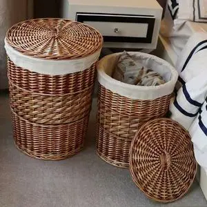 Round Wicker Basket for Clothes Storage Water Hyacinth Rattan Hamper Woven Laundry Hamper with Lid