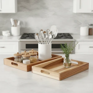 Modern Wooden Storage Trays with Handles Multifunction Design Sustainable & Easy to Clean for Kitchen and Living Room Use