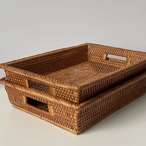 Large Rectangular Rattan Storage Tray With Cutout Handles Handwoven Wicker Basket for Under-Drawer Organization Home & Hotel Dec