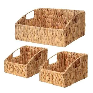 Set Of 3 Natural Water Hyacinth Storage Baskets Handwoven Wicker Storage Bins With Built-in Handles