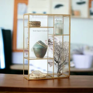 Latest Design Brass and Glass Gold Finished Shadow Box Displaying Shelf for Home Living Room Decor Storage Box