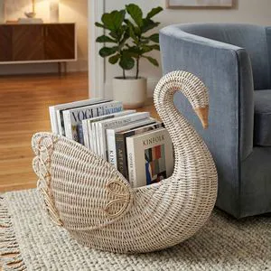 HN European-style Rattan Swan Handmade Woven Storage Basket for Books Toys Sundries-Living Room & Desk Decorative Organizer