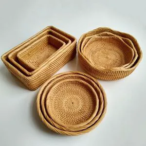 Handwoven Rattan Serving Tray Storage Basket Set Wicker Fruit Basket for Bread Snacks Pastries Coffee Table Kitchen Home Decor