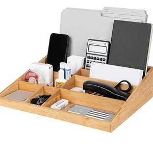 Bamboo Modern Eco-Friendly Rectangular Desktop Organizer 10-Compartment Natural Wood Tools Storage Tray Kitchen Vanity No