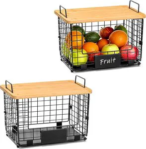 Kitchen Bin Organization Foldable Fruit Baskets Home Organization Stackable Wire Storage Baskets With Bamboo Top