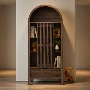 AJUNION MDF Walnut Veneer Arched Cabinet Tall Bookcase Living Room Dining Room Storage Cabinet Console Cabinet With Storage