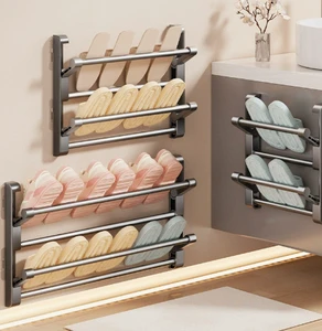 Punch-free Wood Wall Mounted Multifunctional Bathroom Folding Shoe Rack with Slipper and Toilet Shoes Storage