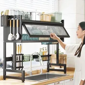 Large Metal Double Modern Multifunction Kitchen Storage Rack Carbon Steel Sink Draining for Cover Countertop Dish Bowl Storage