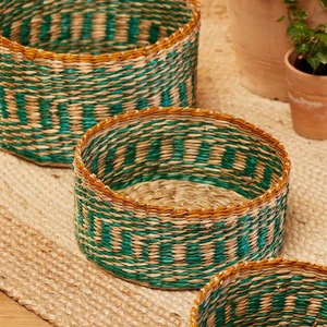 Set Of 3 Turquoise Striped Seagrass Round Basket Handmade Storage Basket Wholesale eco-friendly Made in Viet Nam