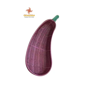 H&T 2025 OEM Eggplant Shape Rattan Basket Bread Flower Picnic Handmade Woven Custom Straw Wicker Rattan Storage Basket