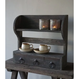 Kamal Art Craft Brown Natural Finish Vintage Wall Rack with 3 Drawers H54xW50cm Depth 15.5cm Durable Wooden Construction
