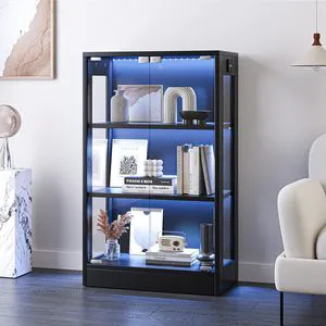 Glass Door Display Cabinet with LED Lighting, 3-Tier Modern Storage Cabinet for Decor and Collectibles