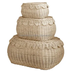Rattan Basket Decorative Boxes, Woven Storage Box Hyacinth Basket with Lids, Small Scalloped Edge Wicker Basket with Lid