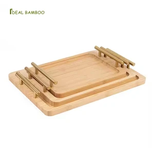 Modern Bamboo Tray For Serving Coffee Tea Dessert Breakfast Wood Serving Tray Set With Metal Handle