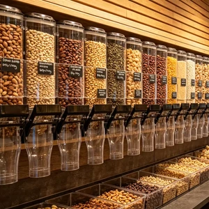 ECOBOX Candy Grain Pistachio Almond Cashew Display Bulk Food Dry Fruits Dispensers Dry Food Wall Mount Gravity Bin Nuts For Shop