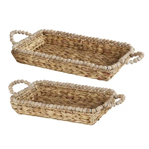 Rectangle Seagrass Storage Basket with Handle - Decorate the Mouth with a String of Wooden Beads - Model MS36