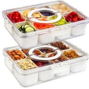 Portable 8 Compartment Veggie Tray with Lid Handle Stackable Snack Container Divided Plastic Storage Bin for Travel Snacks
