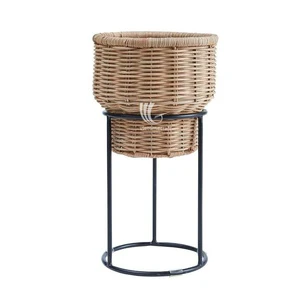 Trendy Natural Rattan Wicker Planter, Woven Plant Pot Basket with White Metal Stand Handicraft Storage Baskets