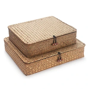 Set Of 2 Wicker Basket For Shelf Organize Rectangular Seagrass Woven Box Natural Decorative Flat Seagrass Storage Bins With Lid
