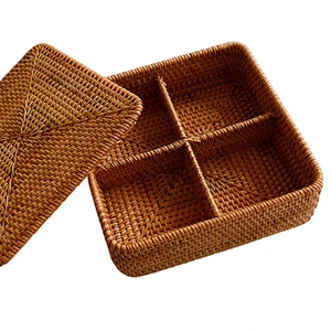 Rustic Style Wicker Rattan Basket With Lid Storage Basket with Cover, Rattan Basket for Storage