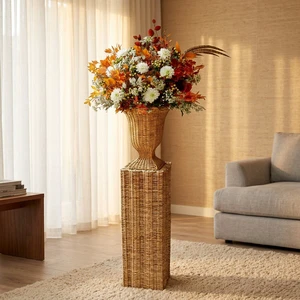 Handmade Rattan Dining Table Vase Decoration, Modern Woven Wicker Basket for Flowers, Luxurious XL Rattan Basket