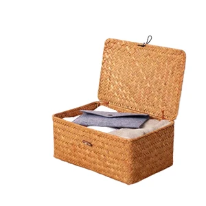 Retro Handmade Square Sundry Items Straw Bamboo Rattan Woven Gift Storage Box Basket For Birthday Wedding