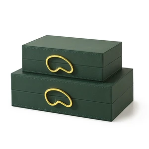 Set of 2 Green Leather Storage Box Decorative Boxes for Home Decor Living Room Shelf Organization Nesting Remote Control Holder