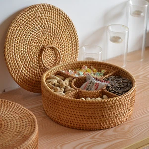 Retro Natural Rattan Woven Round Storage Basket for Living Room Coffee Table Fruit & Snack Home Decor